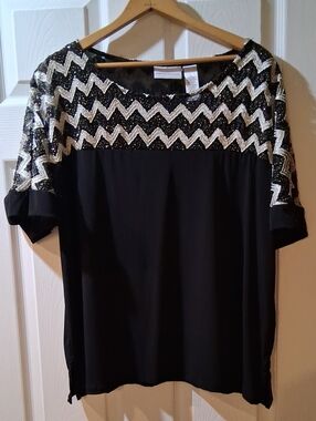 Alfred Dunner Black Top with Gold/Silver Chevron Sequin Yoke